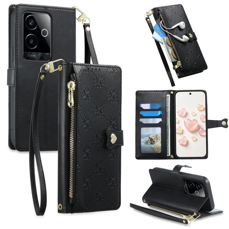 Zipper Wallet Heart Buckle Vegan Leather Phone Case with Wrist Strap — view 56