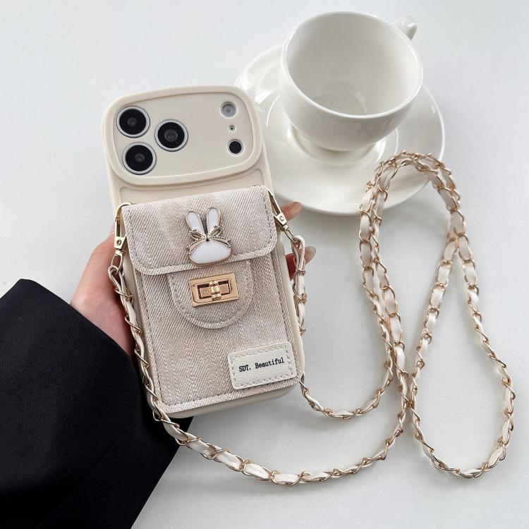 Denim Patterned Rabbit Card Bag Phone Case with Crossbody Chain