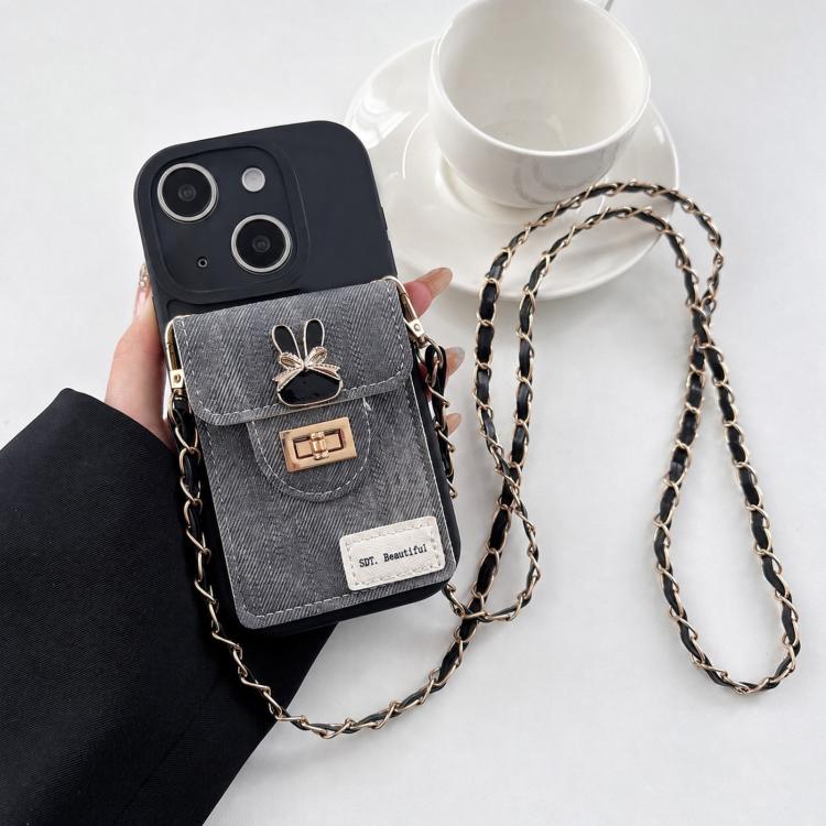 Denim Patterned Rabbit Card Bag Phone Case with Crossbody Chain