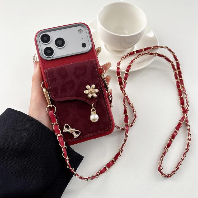Leather Leopard Print Card Bag Phone Case with Crossbody Chain