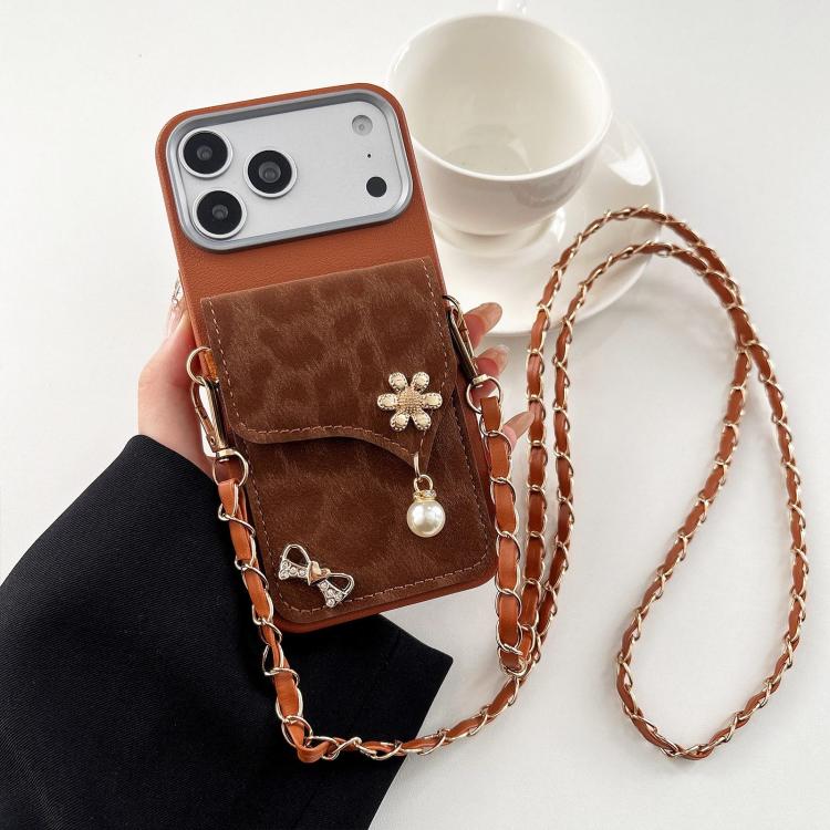 Leather Leopard Print Card Bag Phone Case with Crossbody Chain