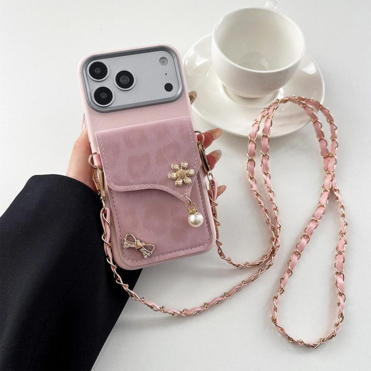 Leather Leopard Print Card Bag Phone Case with Crossbody Chain