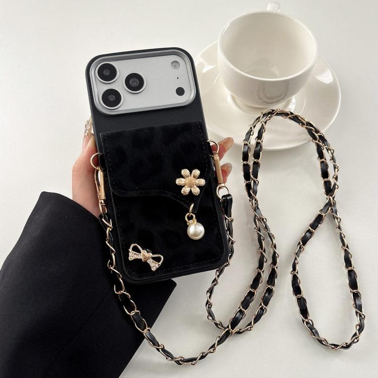 Leather Leopard Print Card Bag Phone Case with Crossbody Chain