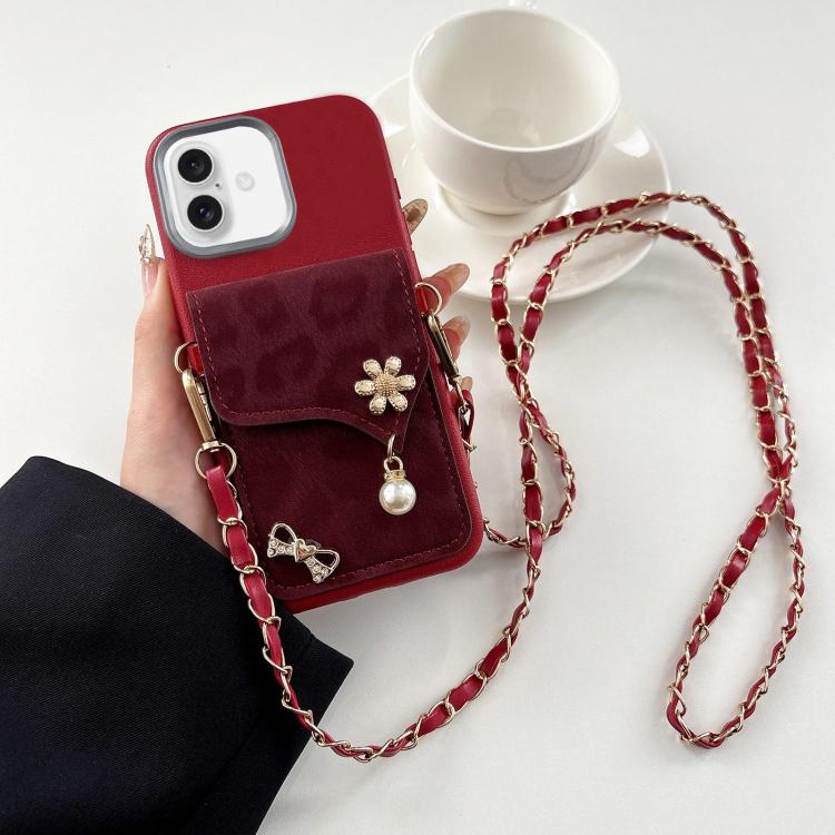 Leather Leopard Print Card Bag Phone Case with Crossbody Chain