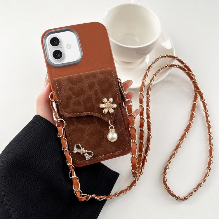 Leather Leopard Print Card Bag Phone Case with Crossbody Chain