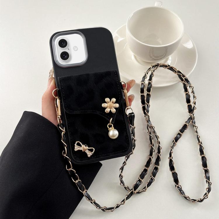 Leather Leopard Print Card Bag Phone Case with Crossbody Chain