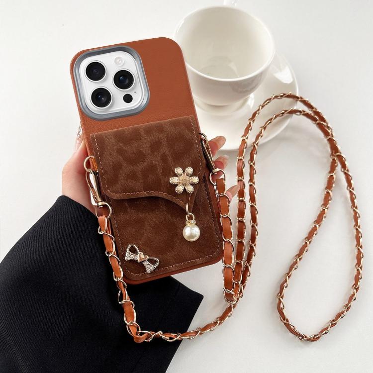 Leather Leopard Print Card Bag Phone Case with Crossbody Chain