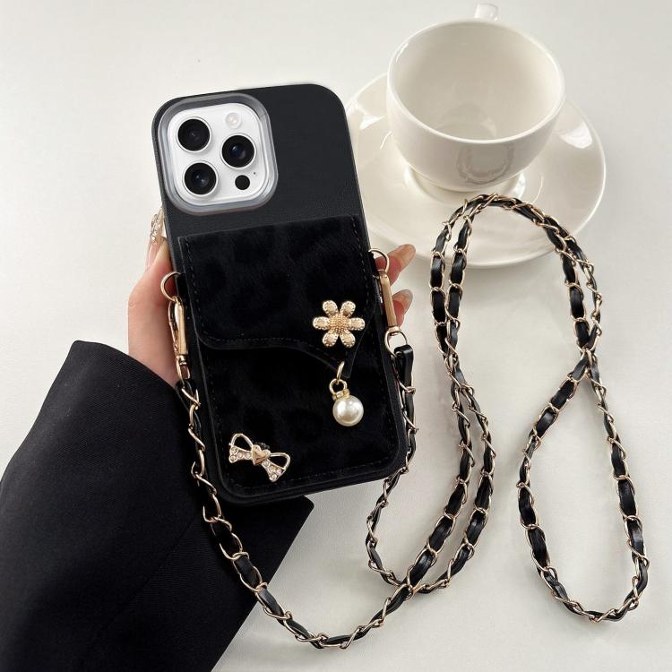Leather Leopard Print Card Bag Phone Case with Crossbody Chain