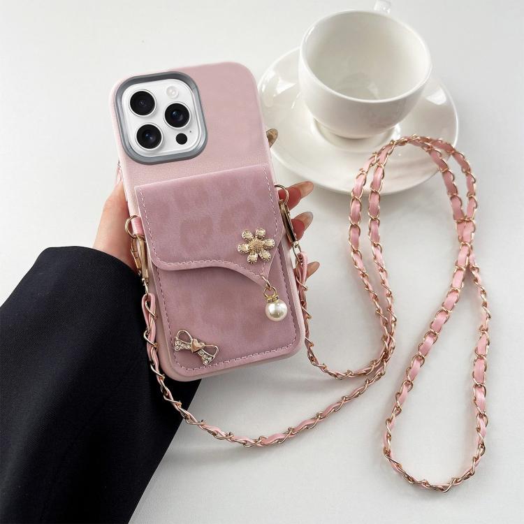 Leather Leopard Print Card Bag Phone Case with Crossbody Chain