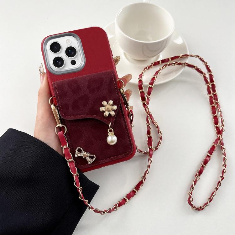 Leather Leopard Print Card Bag Phone Case with Crossbody Chain