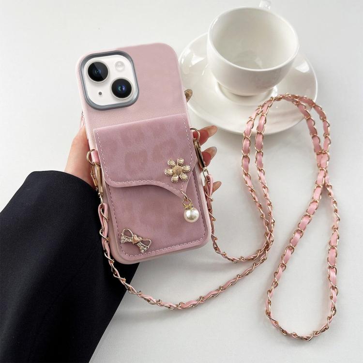 Leather Leopard Print Card Bag Phone Case with Crossbody Chain