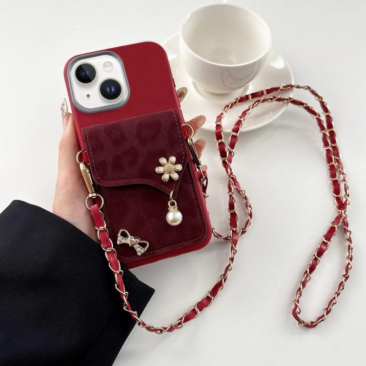 Leather Leopard Print Card Bag Phone Case with Crossbody Chain