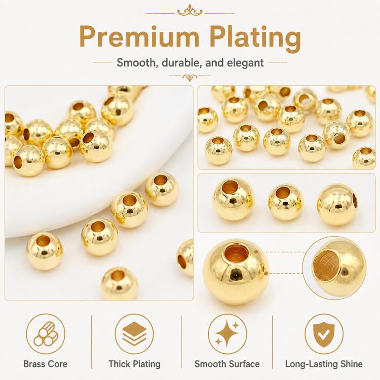 100 PCS/Pack Gold-Plated Round Spacer Beads for DIY Jewelry Making, Smooth Finish, Straight Hole