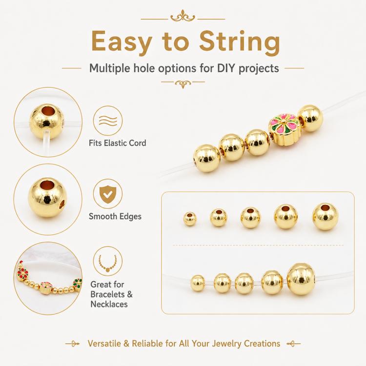 100 PCS/Pack Gold-Plated Round Spacer Beads for DIY Jewelry Making, Smooth Finish, Straight Hole