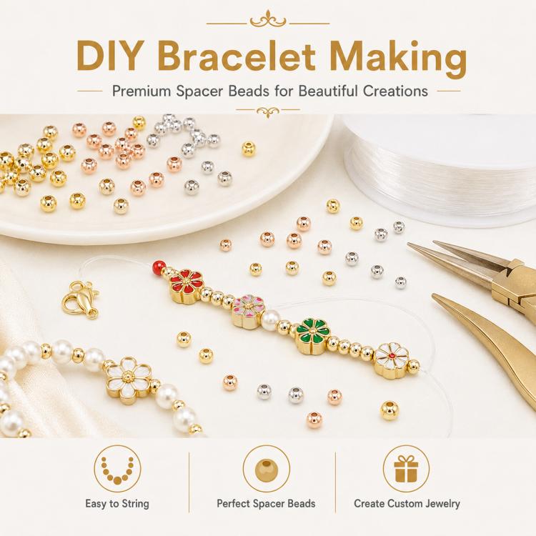 100 PCS/Pack Gold-Plated Round Spacer Beads for DIY Jewelry Making, Smooth Finish, Straight Hole
