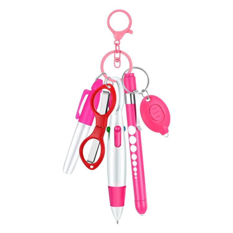 Multifunctional Nurse Ballpoint Pen Set with Flashlight Foldable Scissors Keychain — Black