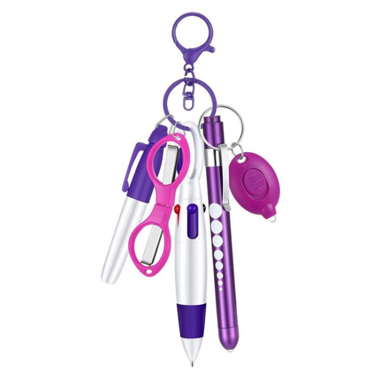 Multifunctional Nurse Ballpoint Pen Set with Flashlight Foldable Scissors Keychain — Pink