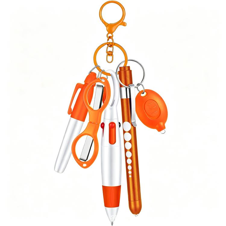 Multifunctional Nurse Ballpoint Pen Set with Flashlight Foldable Scissors Keychain — Silver