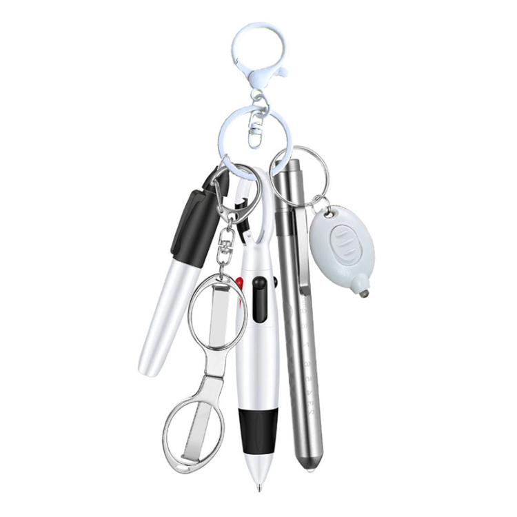 Multifunctional Nurse Ballpoint Pen Set with Flashlight Foldable Scissors Keychain — Red