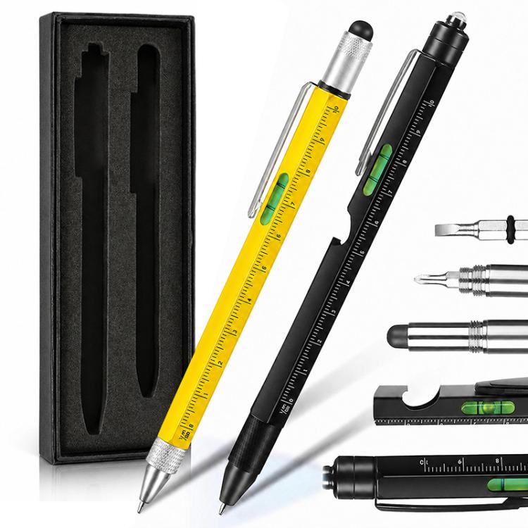 Multifunctional Metal Ballpoint Tool Pen Gift Set with Light, Bottle Opener, Stylus, and Ruler — Color Box