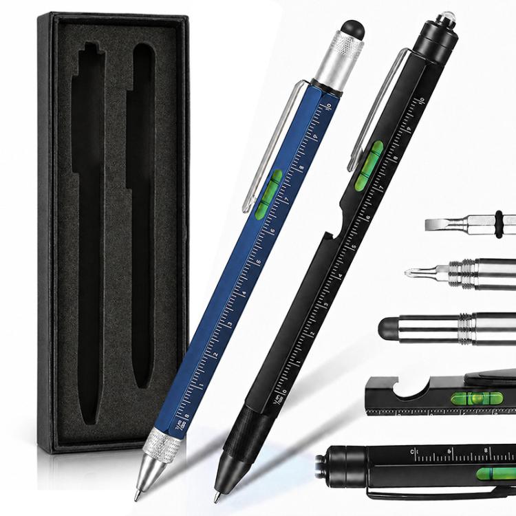 Multifunctional Metal Ballpoint Tool Pen Gift Set with Light, Bottle Opener, Stylus, and Ruler — Dark Blue+Black