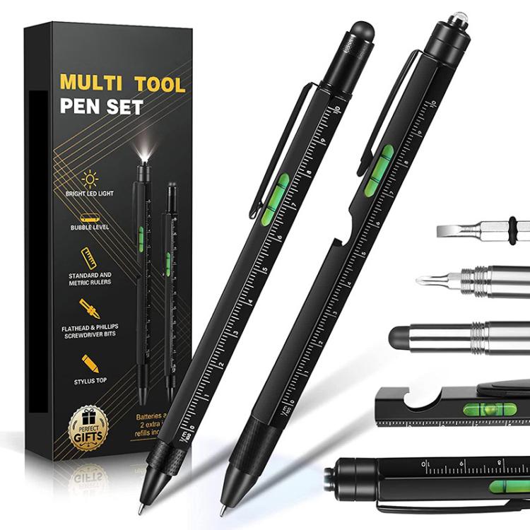 Multifunctional Metal Ballpoint Tool Pen Gift Set with Light, Bottle Opener, Stylus, and Ruler — Lid and Base Box