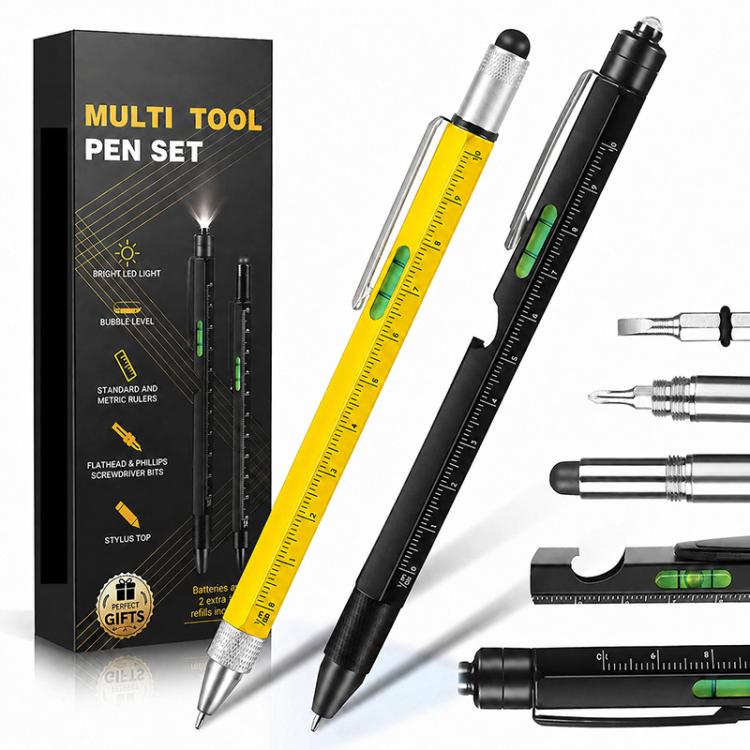Multifunctional Metal Ballpoint Tool Pen Gift Set with Light, Bottle Opener, Stylus, and Ruler — Black+Black