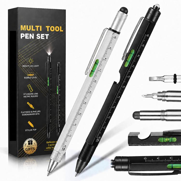 Multifunctional Metal Ballpoint Tool Pen Gift Set with Light, Bottle Opener, Stylus, and Ruler — Silver+Black