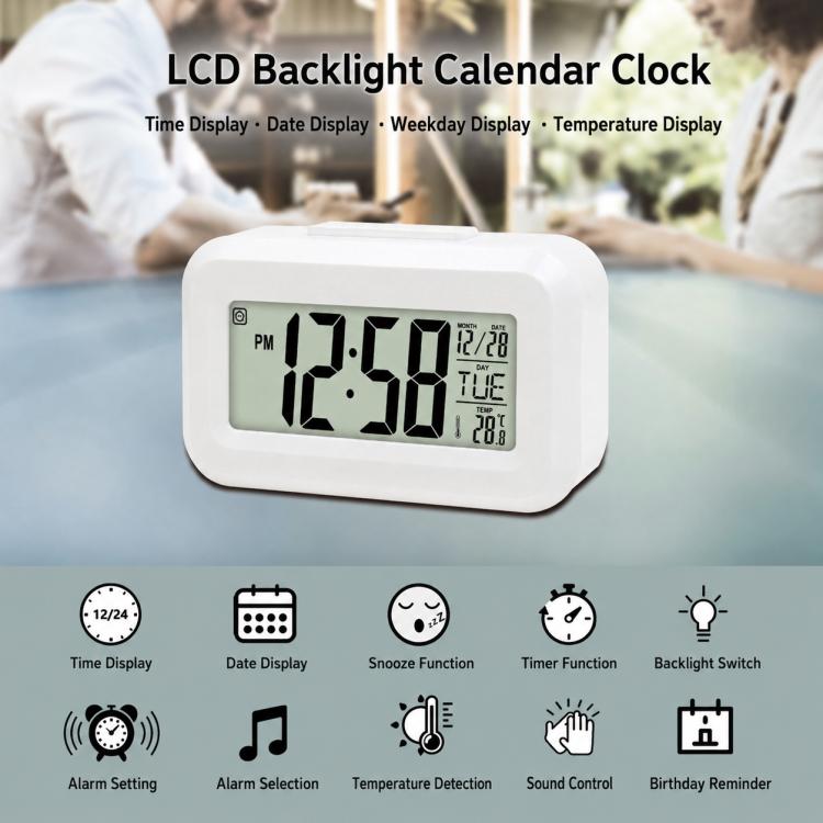 DS-2019 Multifunctional LCD Backlit Calendar Electronic Clock — White