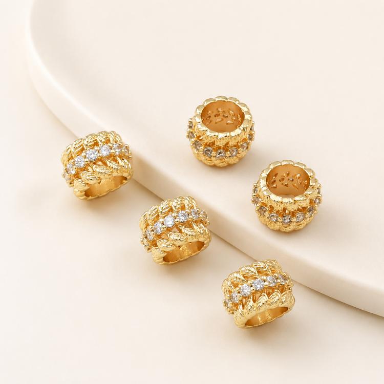 5 PCS/Pack Gold Filled Inlaid Zircon Hole Spacer Beads for DIY Jewelry Making — Wheel 3-Rows Zircon Bead