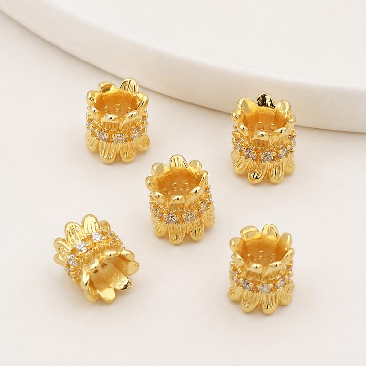 5 PCS/Pack Gold Filled Inlaid Zircon Hole Spacer Beads for DIY Jewelry Making — Dual-Row Leaf Zircon Bead 9.5mm