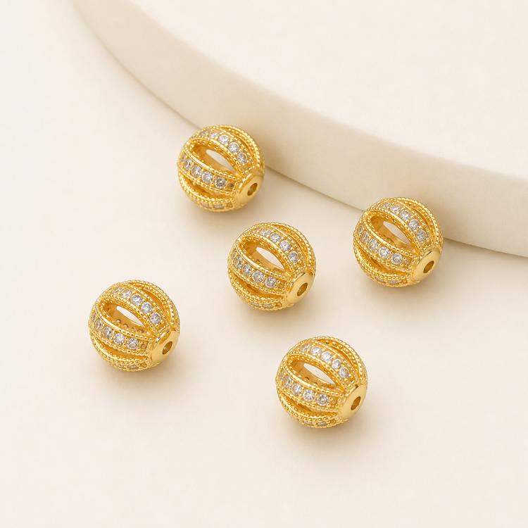 5 PCS/Pack Gold Filled Inlaid Zircon Hole Spacer Beads for DIY Jewelry Making — Diamond Round Ball Bead 8mm