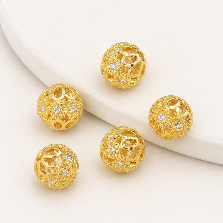 5 PCS/Pack Gold Filled Inlaid Zircon Hole Spacer Beads for DIY Jewelry Making — Hollow Zircon Flower Ball 10mm