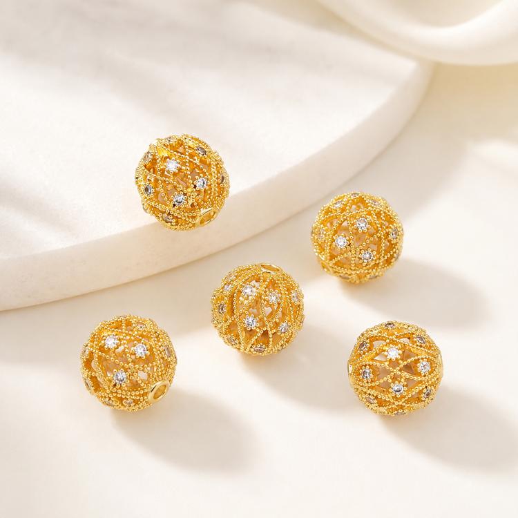 5 PCS/Pack Gold Filled Inlaid Zircon Hole Spacer Beads for DIY Jewelry Making — Hollow Zircon Ball Bead 10mm