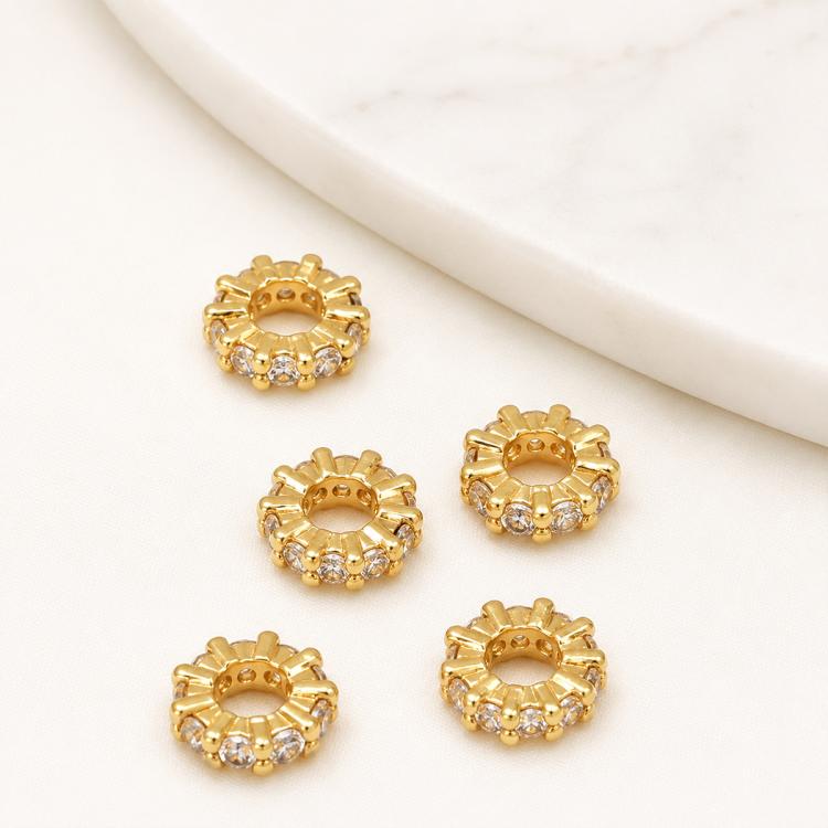5 PCS/Pack Gold Filled Inlaid Zircon Hole Spacer Beads for DIY Jewelry Making — Zircon Gear Beads 6mm