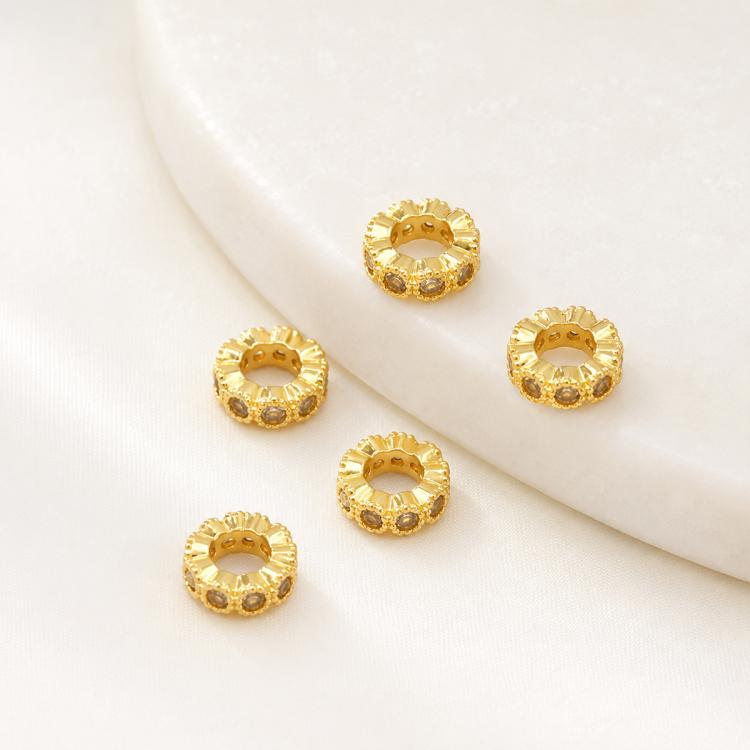 5 PCS/Pack Gold Filled Inlaid Zircon Hole Spacer Beads for DIY Jewelry Making — Zircon Gear Bead 10mm