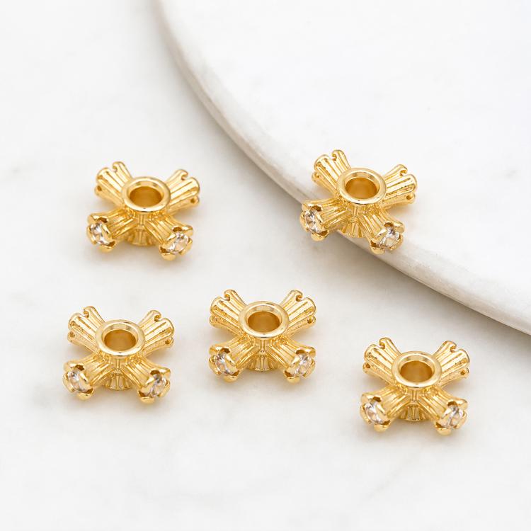 5 PCS/Pack Gold Filled Inlaid Zircon Hole Spacer Beads for DIY Jewelry Making — Cross Bead 8.6mm Hole 2.3mm