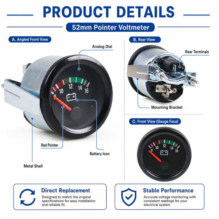 52mm High-precision Pointer-type 8-16V Voltmeter