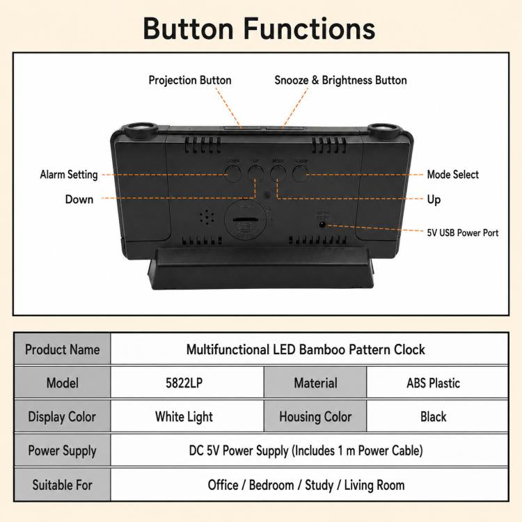 DS-5822LP Creative Bamboo Texture LED Screen Dual Projection Display Electronic Digital Clock — view 5