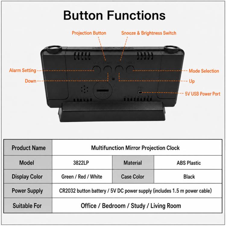 DS-3822LP Multifunctional LED Screen Dual Projection Mirror Display Electronic Digital Clock — view 9