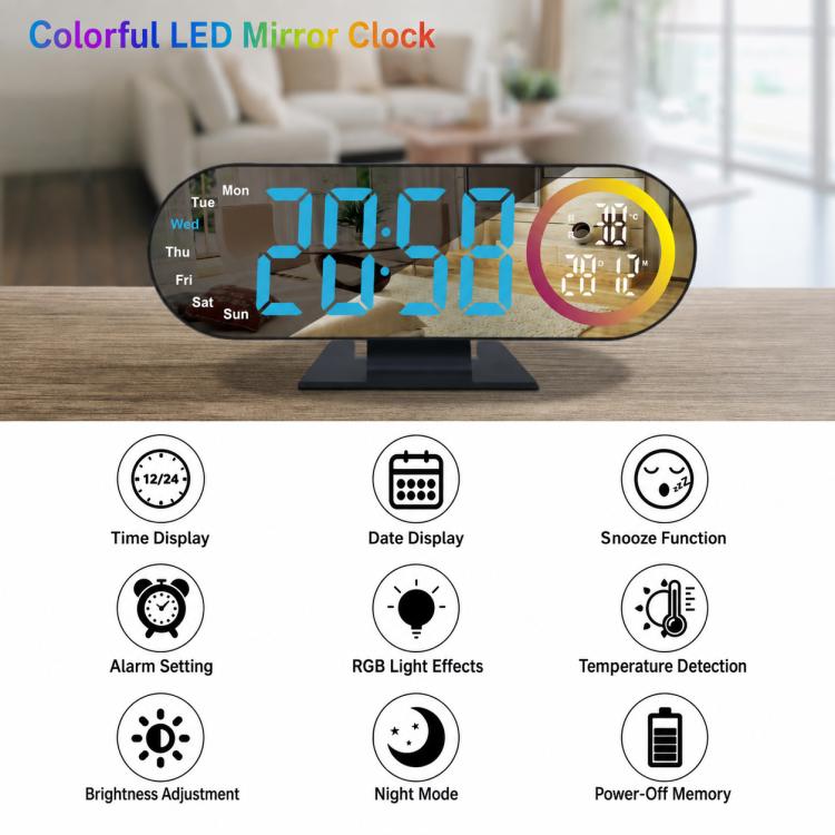 DS-3827LW Desktop Colorful Light LED Digital Display Mirror Electronic Clock — Sky Blue