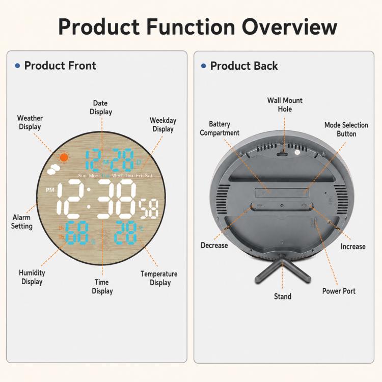DS-5853L Multifunctional Wall Clock, LED Round Bamboo Pattern Weather Display Electronic Clock — view 7