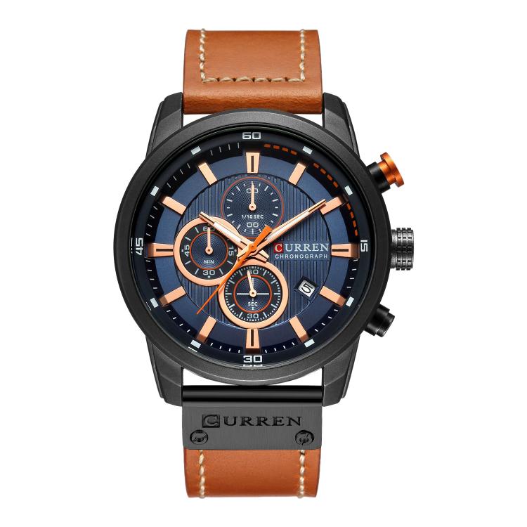 CURREN M8291 Men Watch Six-needle Calendar Watch with Vegan Leather Band — Black Shell Blue