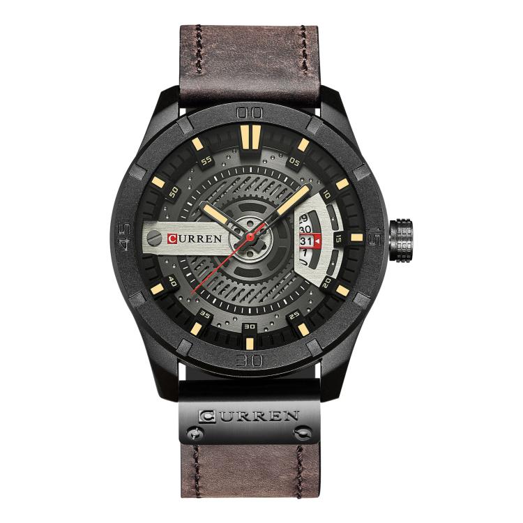 CURREN M8301 Men Classic Leather Watch with Analog and Date Display — Black Shell Orange