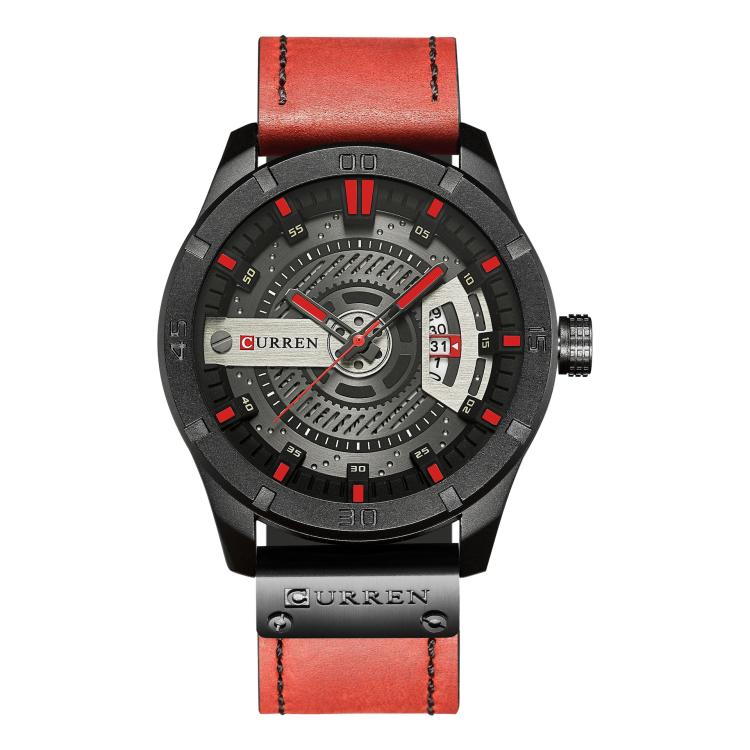 CURREN M8301 Men Classic Leather Watch with Analog and Date Display — Black Shell Dial Dark Brown Strap