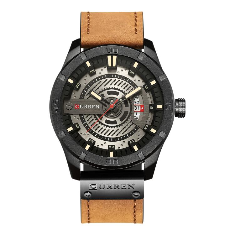 CURREN M8301 Men Classic Leather Watch with Analog and Date Display — Black Shell Red