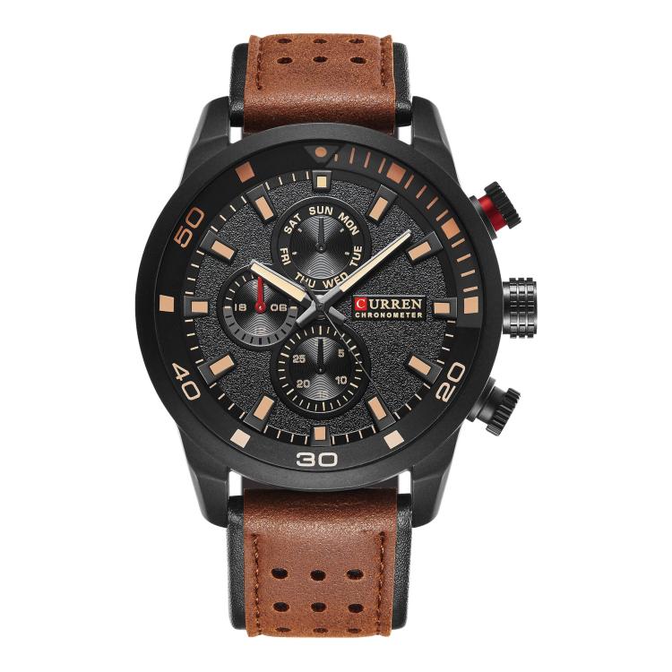 CURREN M8250 Men Quartz Watch with Leather Strap & Analog Display — Black Shell Red