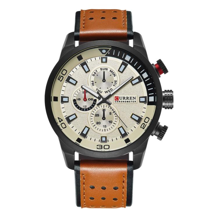 CURREN M8250 Men Quartz Watch with Leather Strap & Analog Display — Black Shell Coffee