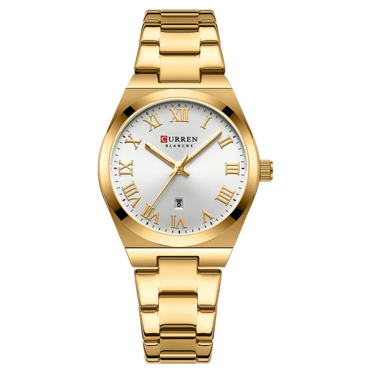 CURREN 9095 Women Stylish Quartz Watch with Calendar & Stainless Steel Strap — White Shell Blue Dial