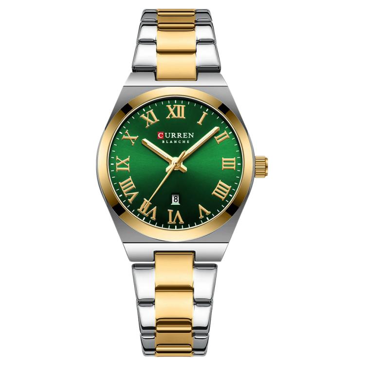 CURREN 9095 Women Stylish Quartz Watch with Calendar & Stainless Steel Strap — Gold Shell White Dial